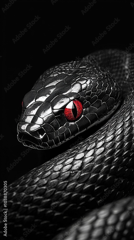 Fototapeta premium Close-up of snake's head with red light in its eye