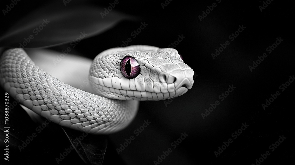 Fototapeta premium Black-and-white photo of a snake with a red eye on its head against a dark background