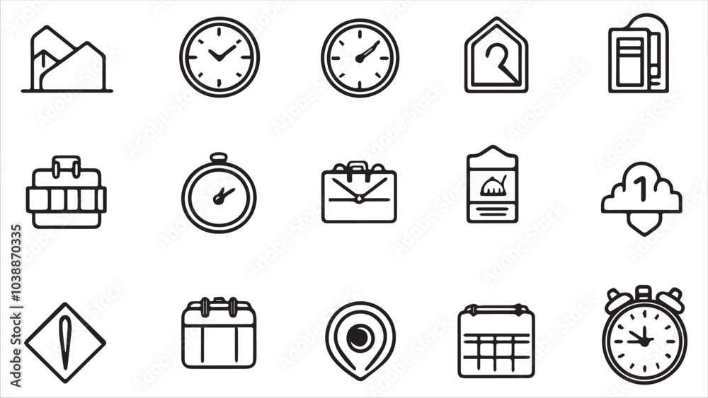 Time, date and address line icon set. Clock, calendar, location pin. Editable stroke. Vector illustration. Time, date and address line icon set. Clock, calendar, location pin. Editable stroke. Vector illustration.