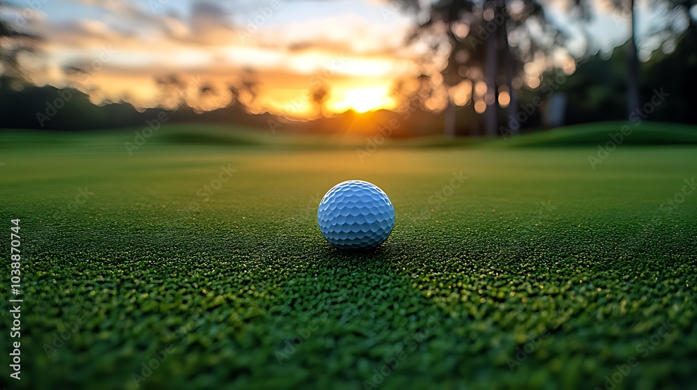 A golf ball sits on a green putting green, with a scenic sunset in the background. A golf ball sits on a green putting green, with a scenic sunset in the background.
