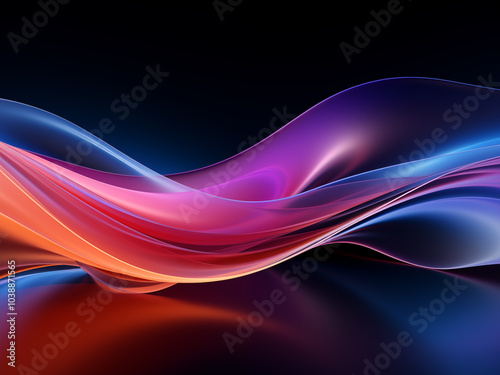 Abstract digital art piece with a dark background, it features a wave-like shape in the center, wave made up of curved lines and curves, creating a sense of movement and energy.