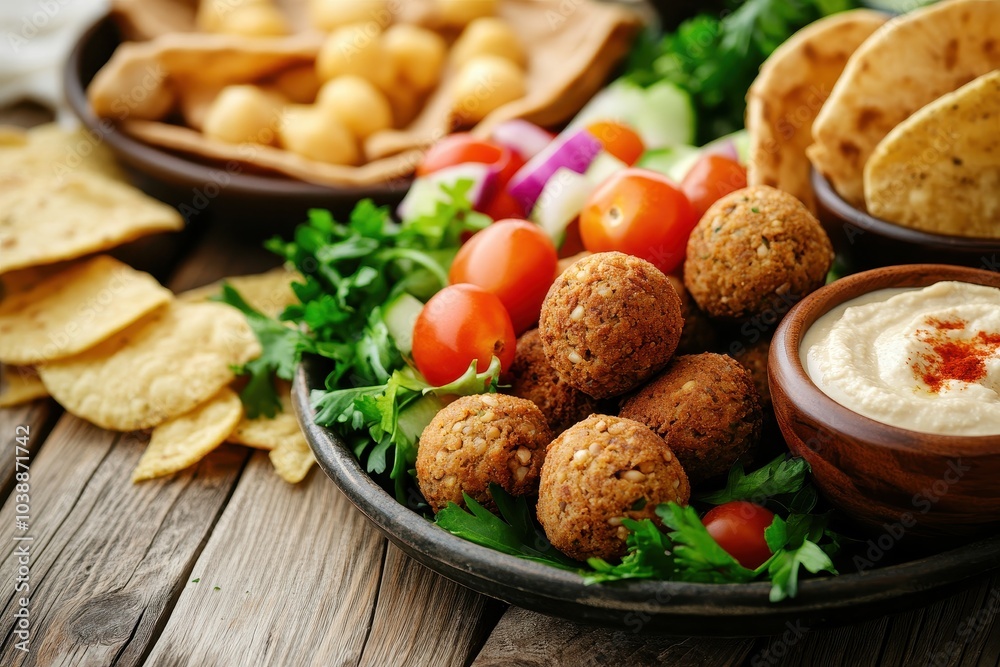 Homemade chickpea falafel with vegetable salad hummus tahini chips and pita Vegetarian dish Homemade chickpea falafel with vegetable salad hummus tahini chips and pita Vegetarian dish