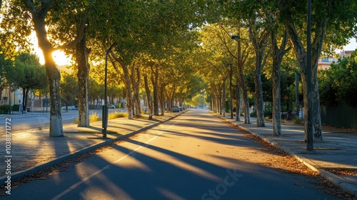 A serene tree-lined street bathed in golden sunlight, creating a peaceful atmosphere.