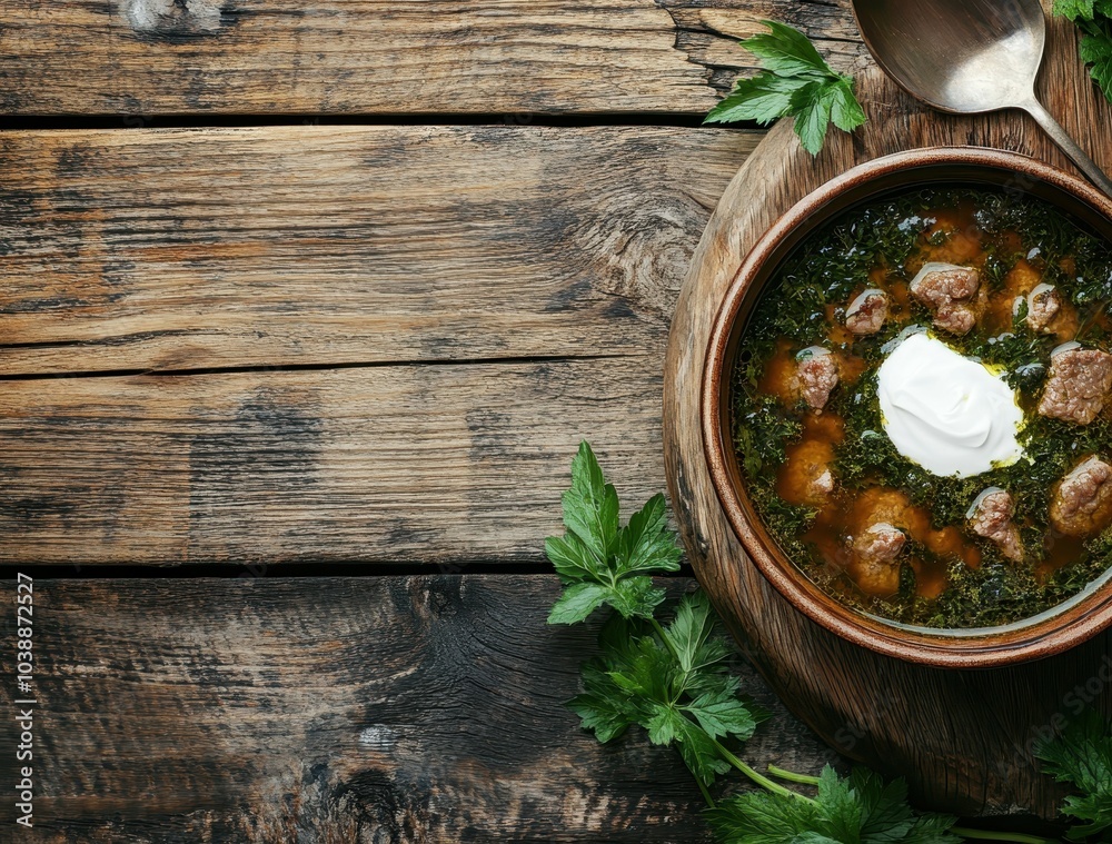 Homemade nettle and meat soup with sour cream on a rustic table Empty space for text Homemade nettle and meat soup with sour cream on a rustic table Empty space for text