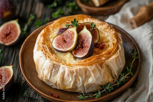 Homemade pastries camembert and brie wrapped in filo with figs Birds eye view photo