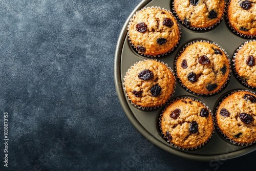 Homemade raisin bran muffins in a baking dish on a dark gray surface Close up overhead shot with space around