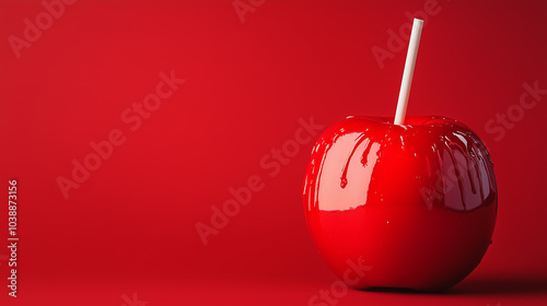 Halloween banner with copy space, candy apple, caramelized with glaze, vibrant red background