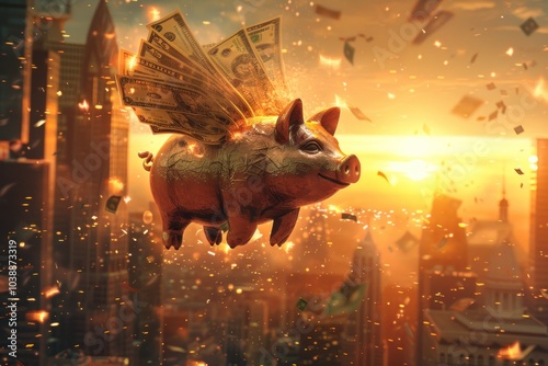 A piggy bank with wings made of banknotes flying over a cityscape at sunset, symbolizing financial freedom and liberation.