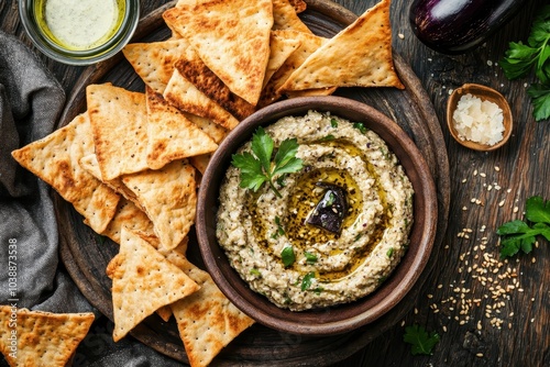 Homemade sesame pita chips served with roasted eggplant dip baba ganoush captured from above in natural light photo