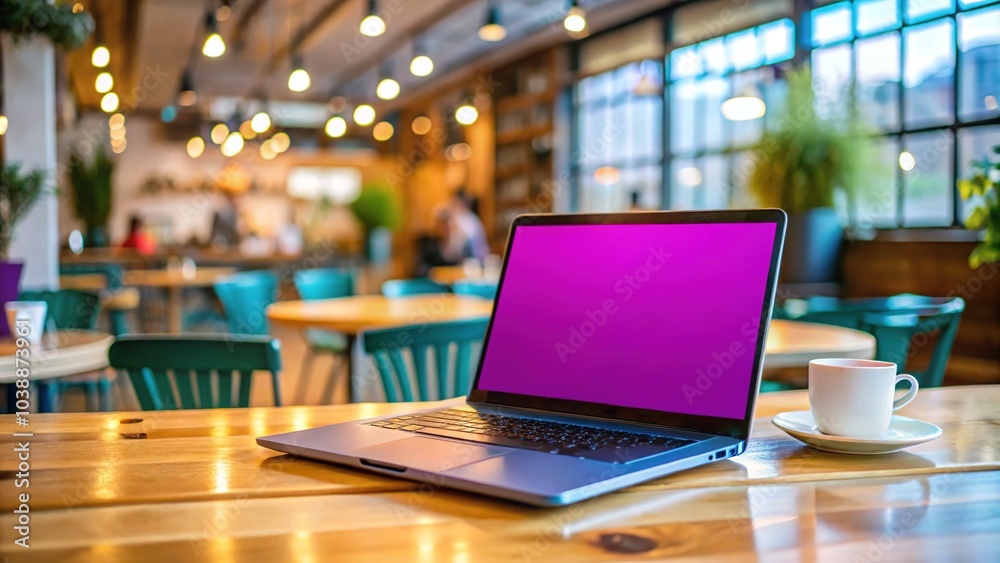 Laptop with a blank screen resting on a table, surrounded by a blurred café backdrop, ideal for creative and business-related stock photography purposes. Laptop with a blank screen resting on a table, surrounded by a blurred café backdrop, ideal for creative and business-related stock photography purposes.