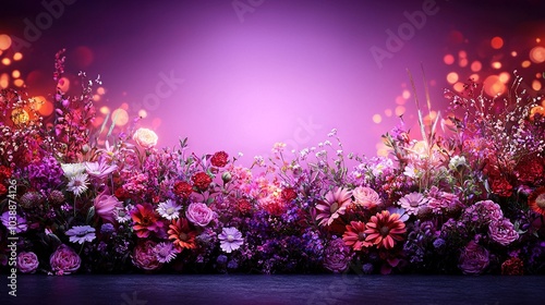   A cluster of blooms arranged against a purplish backdrop with a faint pink ambiance photo