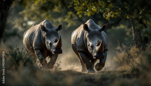 Le rhinocéros avance avec puissance sur le sentier de la brousse, ses lourds sabots soulevant la poussière sous un soleil brûlant. photo