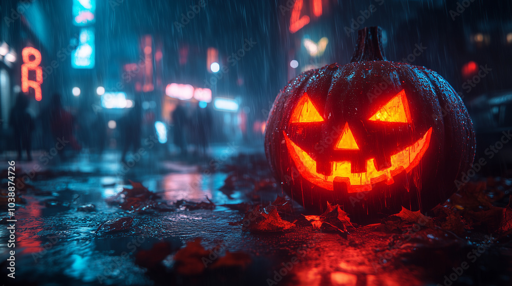 Halloween cyberpunk banner with copy space, Jack-o'-lantern, dark background Halloween cyberpunk banner with copy space, Jack-o'-lantern, dark background