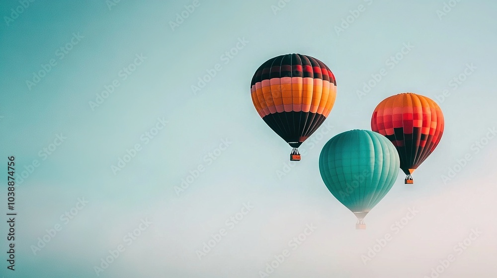 Obraz premium Three hot air balloons floating against a blue sky in the background and a lighter blue sky above