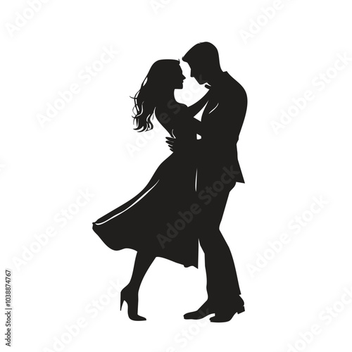 Silhouette of a couple dancing together on a white background