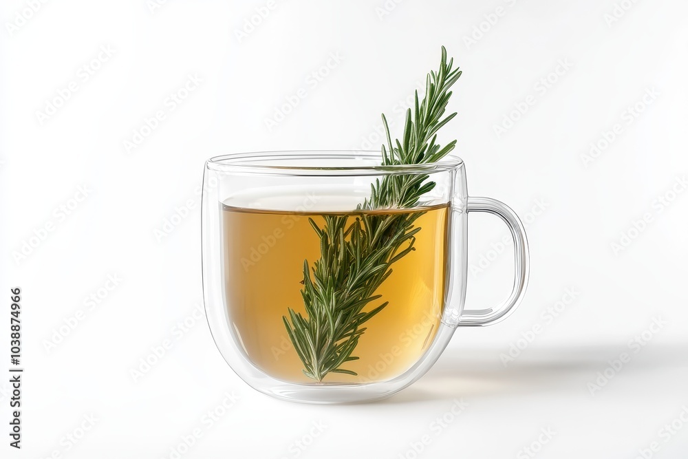 Hot rosemary tea in a glass on a white backdrop Hot rosemary tea in a glass on a white backdrop