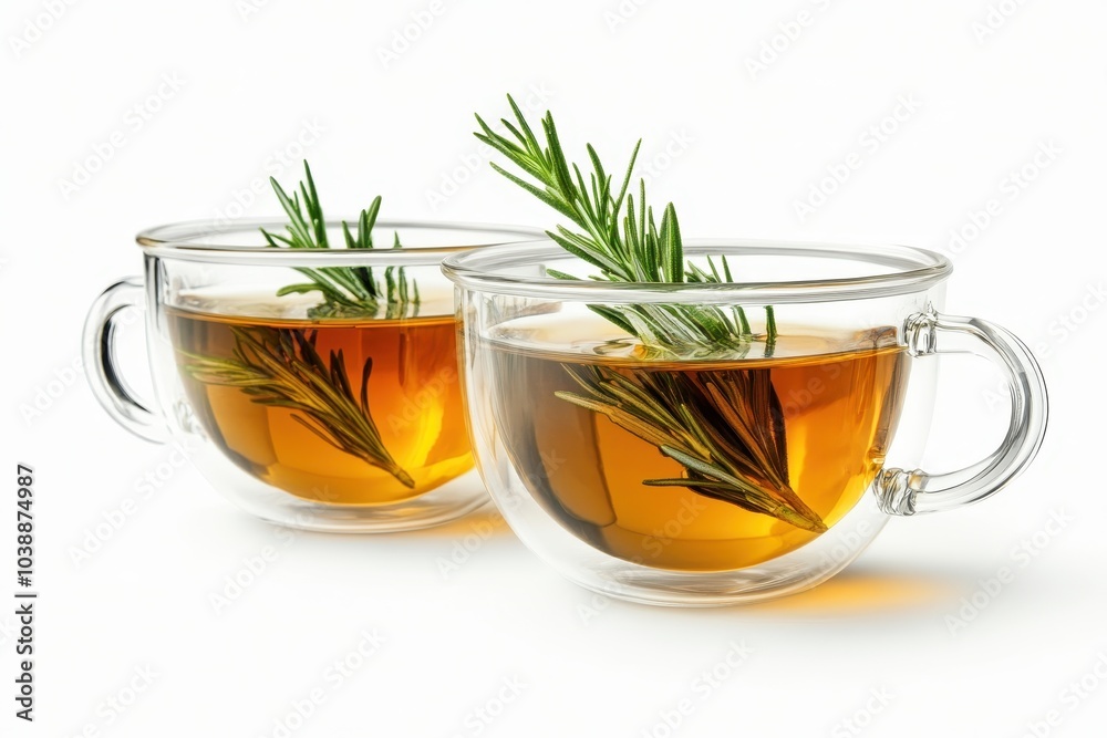 Hot rosemary tea in glass cups against a white backdrop Hot rosemary tea in glass cups against a white backdrop