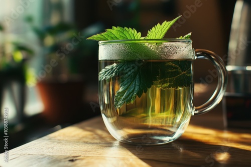 Hot nettle tea in a clear cup Organic caffeine free herbal remedy made from raw stinging nettle leaves