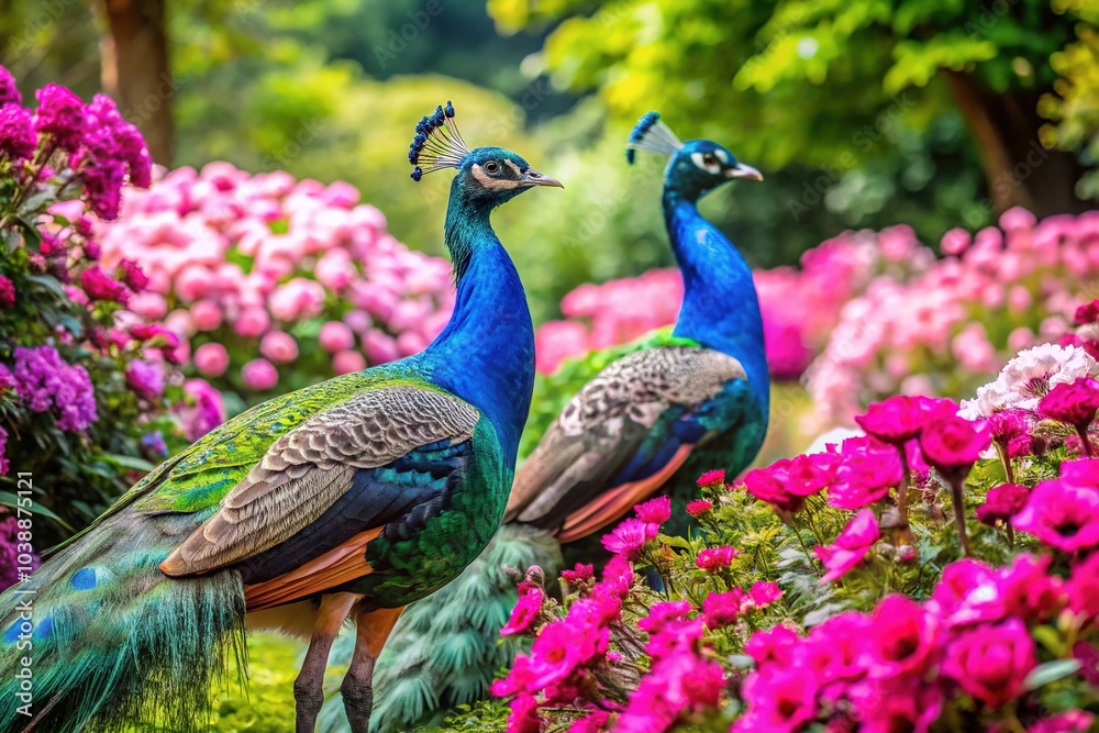 Peacocks flaunt their vibrant plumage amidst a stunning array of pink flowers, creating a breathtaking scene in a lush, flourishing garden. Nature's beauty on full display. Peacocks flaunt their vibrant plumage amidst a stunning array of pink flowers, creating a breathtaking scene in a lush, flourishing garden. Nature's beauty on full display.