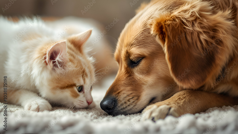 A closeup image of a golden retriever dog and a ginger and white cat lying on a white fluffy rug. The dogs head is resting on the rug, while the cat is looking up at the dog with its green eyes. A closeup image of a golden retriever dog and a ginger and white cat lying on a white fluffy rug. The dogs head is resting on the rug, while the cat is looking up at the dog with its green eyes.