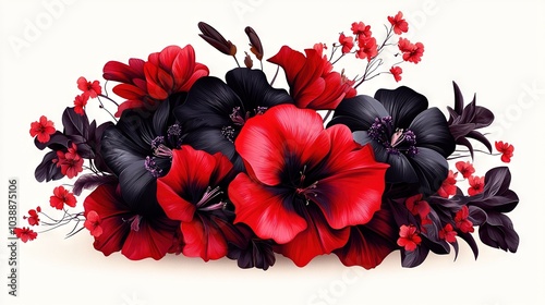   A red and black flower bouquet on a white background, featuring red and black flowers at the center