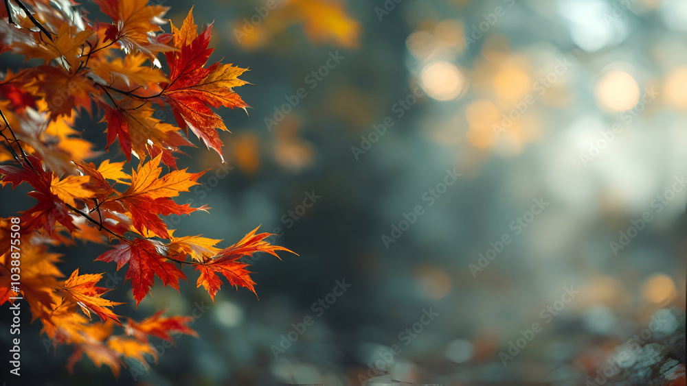 A closeup shot of a branch with vibrant red and orange leaves, set against a blurred background of a forest in autumn, creating a beautiful nature photography backdrop. A closeup shot of a branch with vibrant red and orange leaves, set against a blurred background of a forest in autumn, creating a beautiful nature photography backdrop.