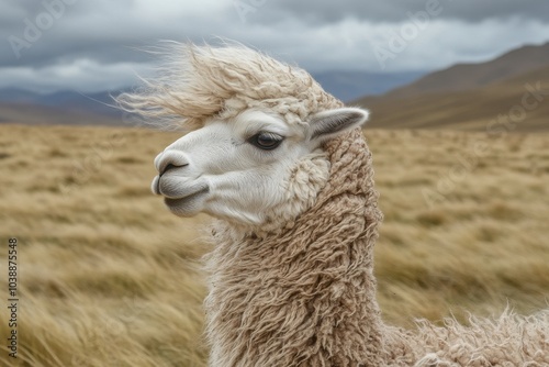 Humorous alpaca in breezy weather South American camel photo