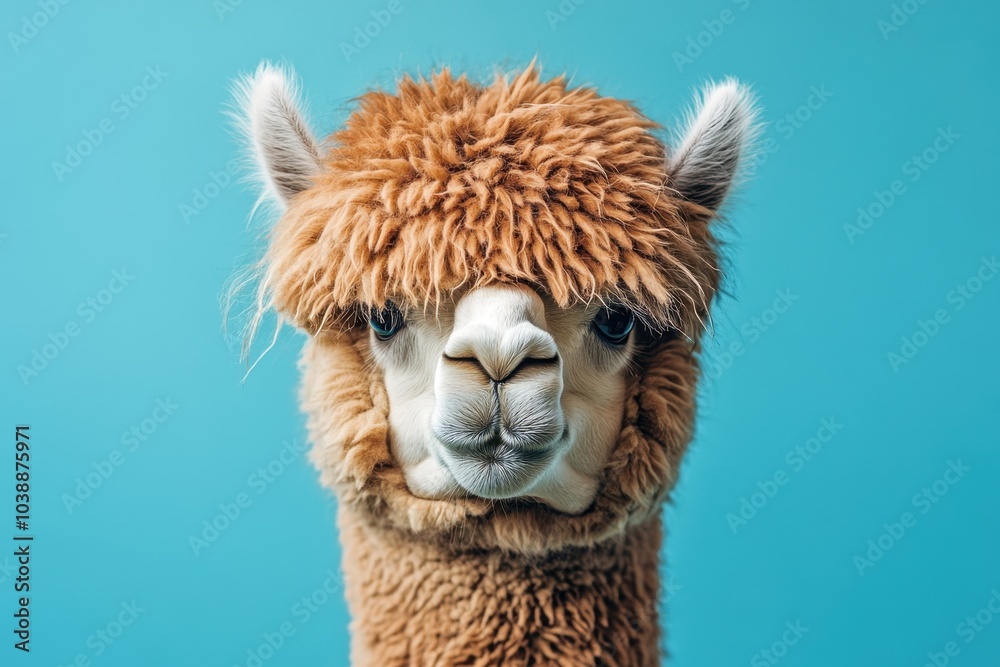 Obraz premium Humorous fierce alpaca against a blue backdrop