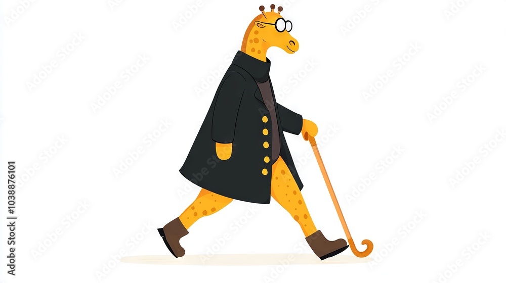 Obraz premium A black-coated, boot-wearing giraffe strolls with a cane and hat on its head
