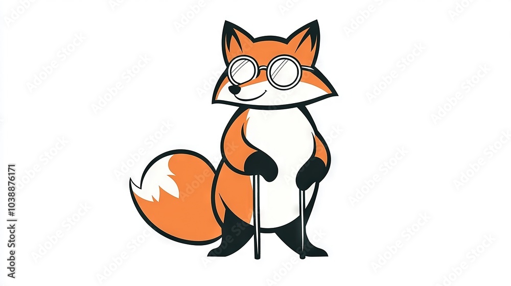 A fox wearing glasses sits on a white background with a stick in its mouth A fox wearing glasses sits on a white background with a stick in its mouth