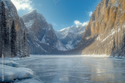 A panoramic view of a majestic frozen lake surrounded by towering mountains and snowladen trees photo