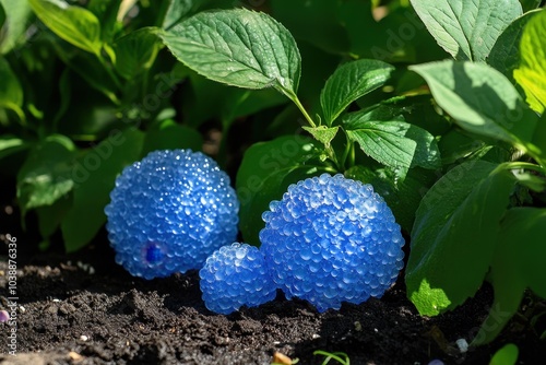 Hydrogel beads under the hydrangea enrich the soil and beautify plants in the garden photo