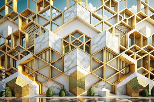 Sleek white and gold geometric shapes intertwine, creating a contemporary abstract background that exudes sophistication and modern elegance. A stunning visual harmony unfolds elegantly.