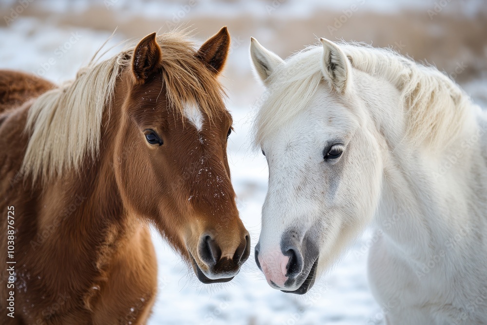 Obraz premium Iceland A brown and a white horse in the snow gazing at one another