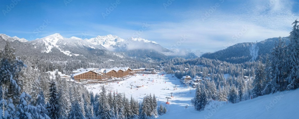 Fototapeta premium A ski resort nestled in the mountains, with slopes and snowladen trees in a wide panoramic view