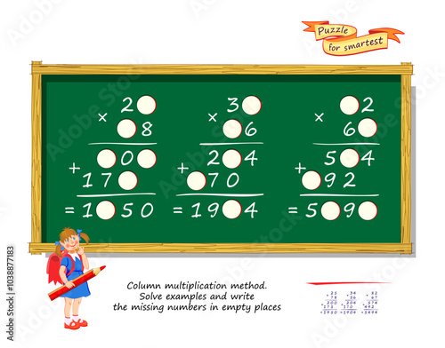 Mathematical logic puzzle game for smartest. Column multiplication method. Solve examples and write the missing numbers in empty places. Brain teaser book. Memory training exercises. Vector image.