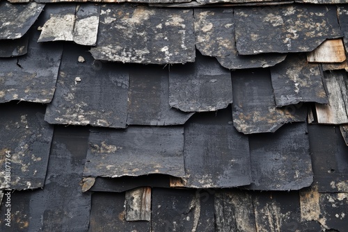 Incomplete roof of an ancient house covered in black roofing material photo