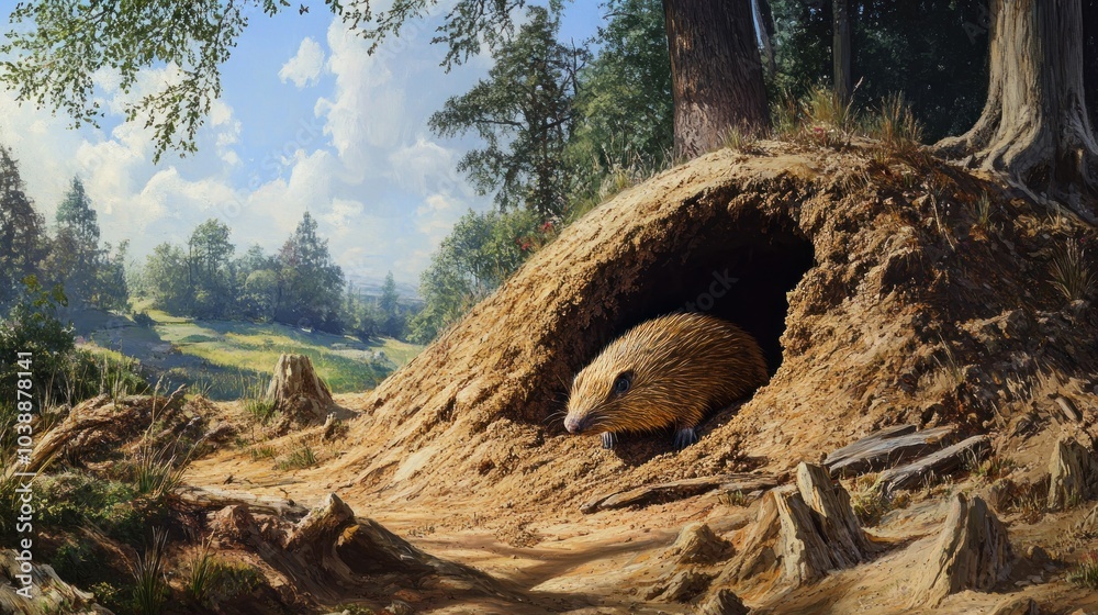 A serene landscape featuring a burrowing animal emerging from its earthy home. A serene landscape featuring a burrowing animal emerging from its earthy home.