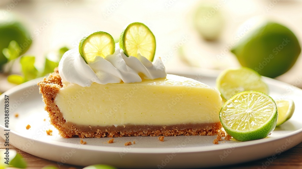 A key lime pie with whipped cream and limes on a white plate, set on a wooden table A key lime pie with whipped cream and limes on a white plate, set on a wooden table