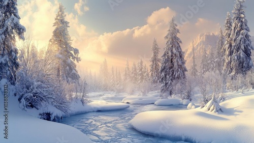 A winter wonderland panorama with snowladen trees, frozen streams, and soft light filtering through the clouds