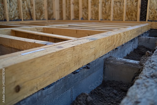 Installing first floor joists on a block foundation with visible sealant photo