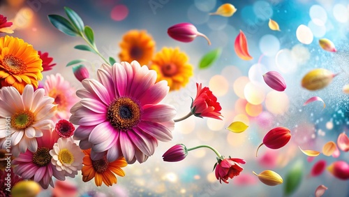 Vivid flower petals gracefully dance against a soft white background, creating a stunning artistic display that captivates nature and floral lovers alike.