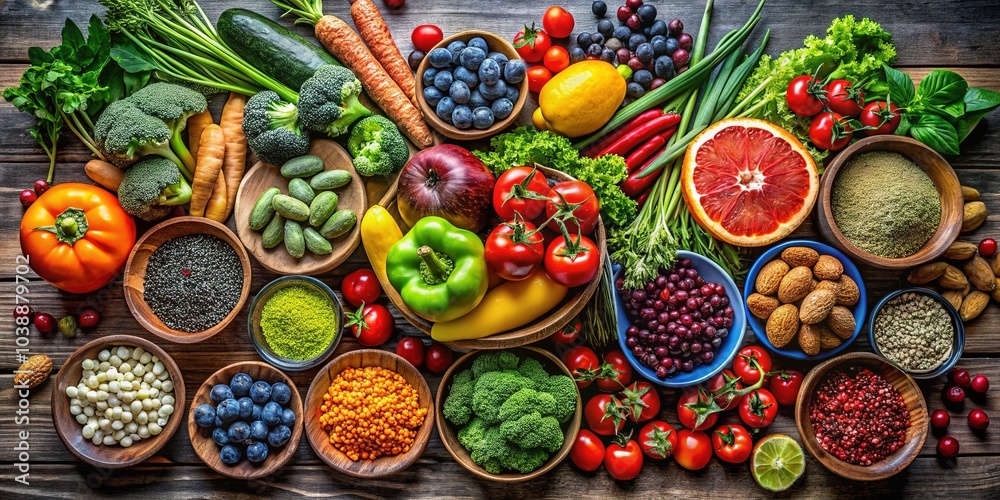 Wholesome selection of fruits, vegetables, and superfoods displayed on a dark wood background, promoting a healthy clean eating lifestyle for vibrant well-being. Wholesome selection of fruits, vegetables, and superfoods displayed on a dark wood background, promoting a healthy clean eating lifestyle for vibrant well-being.