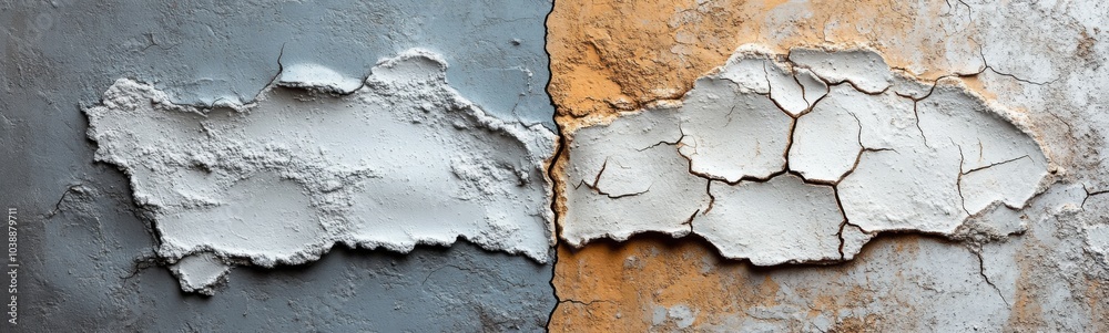 Peeling paint on a wall with a hole in the middle