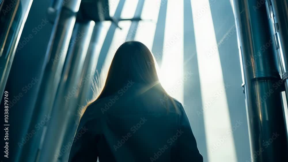 Woman gracefully walking toward a luminous architectural structure