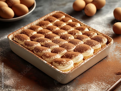 Tiramisu. The most popular Italian dishes. Layered dessert in a rectangular dish, dusted with cocoa powder. Composition: Coffee-soaked ladyfingers, mascarpone cheese, cocoa powder, sugar, eggs.