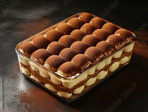 Tiramisu. The most popular Italian dishes. Layered dessert in a rectangular dish, dusted with cocoa powder. Composition: Coffee-soaked ladyfingers, mascarpone cheese, cocoa powder, sugar, eggs.