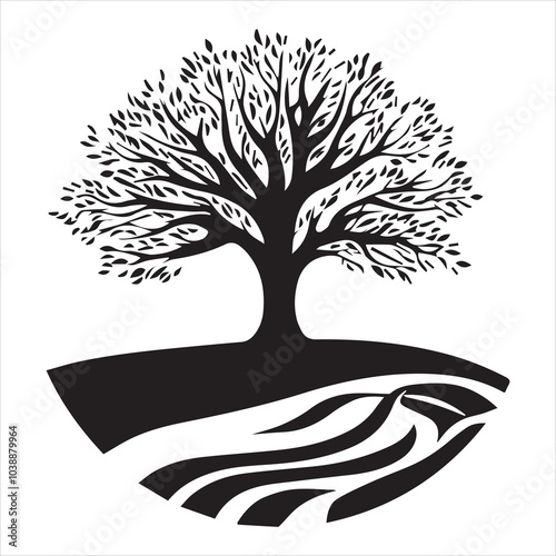 Vector logo of a tree and river with simple clean lines isolated on solid white background.
