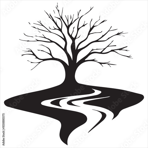 Vector logo of a tree and river with simple clean lines isolated on solid white background.
