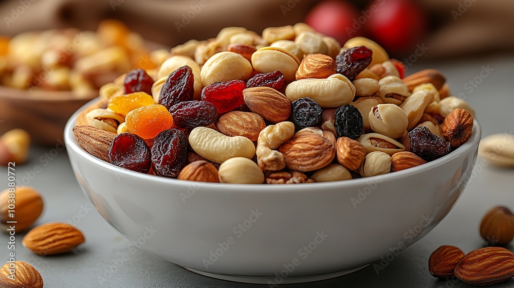 A bowl of mixed nuts and dried fruit. The bowl is white and filled with a variety of nuts and dried fruit mixed nuts and dried fruits with a simple table top in the background, warm dining atmosphere. A bowl of mixed nuts and dried fruit. The bowl is white and filled with a variety of nuts and dried fruit mixed nuts and dried fruits with a simple table top in the background, warm dining atmosphere.